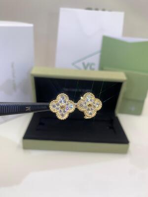 Винтажная мать желтого золота серег 18K зажима Альгамбра средняя белая жемчуга ПРОТИВ диаманта